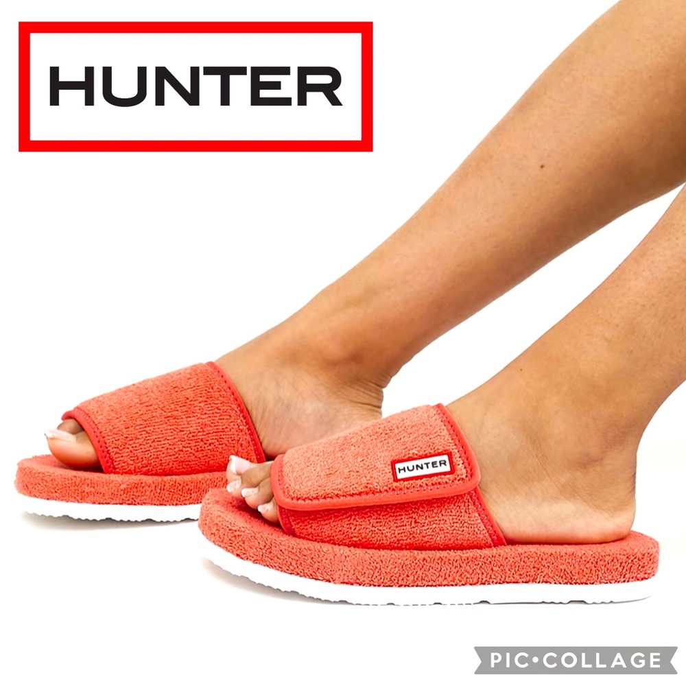 NWT HUNTER Original Terry Towelling Slide Sandal in Sun-Cup Orange, Size USW 9